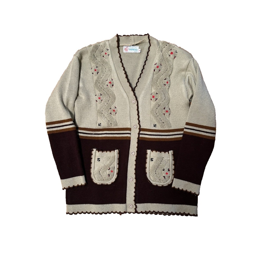 Oswal Bros New Acro Wool Cardigan Brown With Red Accents Size 40